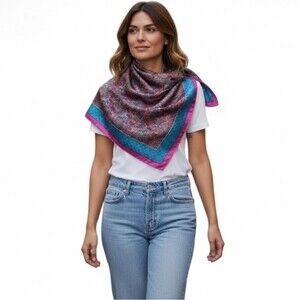 NEW Vintage 70's Glentex Paisley Raw Hem Scarf in Fuschia Pink and Blue 31x31